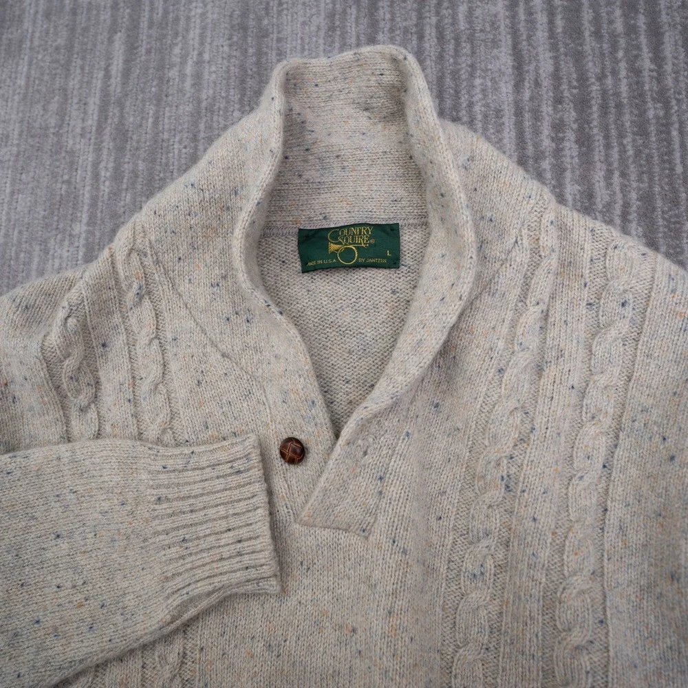 Vintage Country Squire Jantzen Shawl Collar Cable Knit Sweater Beige Mens Large